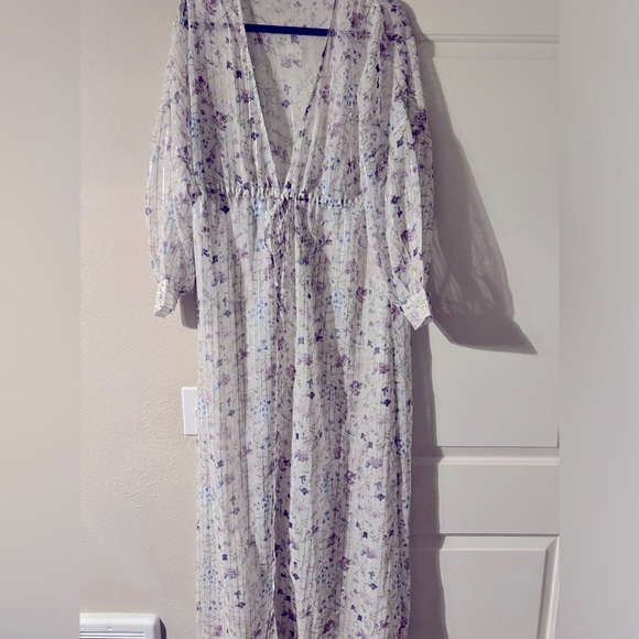 Express Tops - Express Floral Long Sleeve Maxi Duster Cover Up - white and Purple